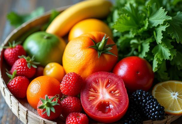 Assortment of fresh fruits and vegetables on display