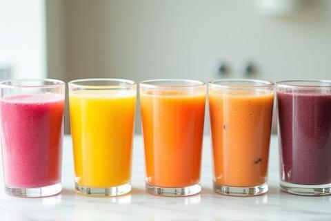Row of colorful smoothies on a counter