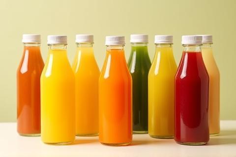 Assortment of fresh juices in glass bottles