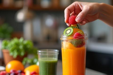 Hand preparing a colorful smoothie