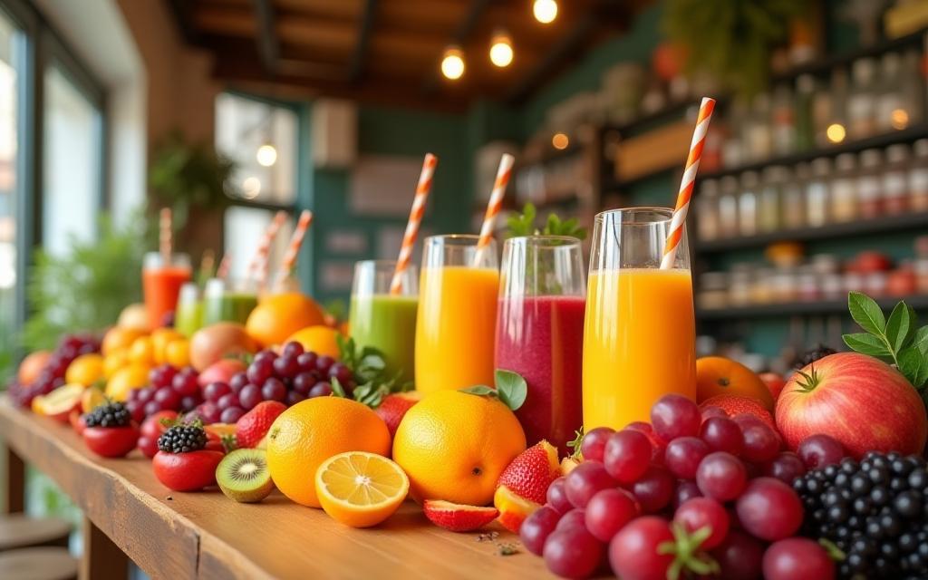 Vibrant counter display of fresh fruits and drinks at La Frutta Fresca Bar