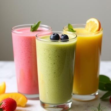 Three different blended smoothies with garnishes