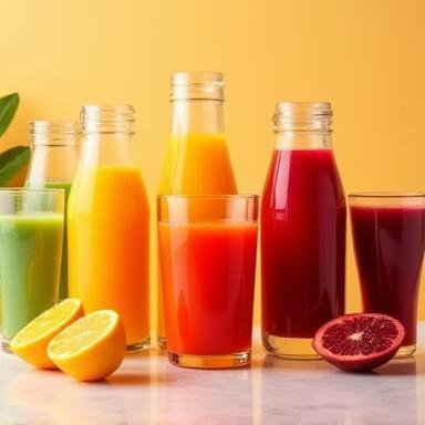 Assorted colorful freshly squeezed juices in glasses