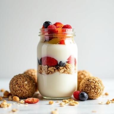 Healthy snacks like yogurt parfait and energy balls