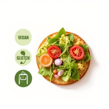Vegan and gluten-free symbols next to healthy food options